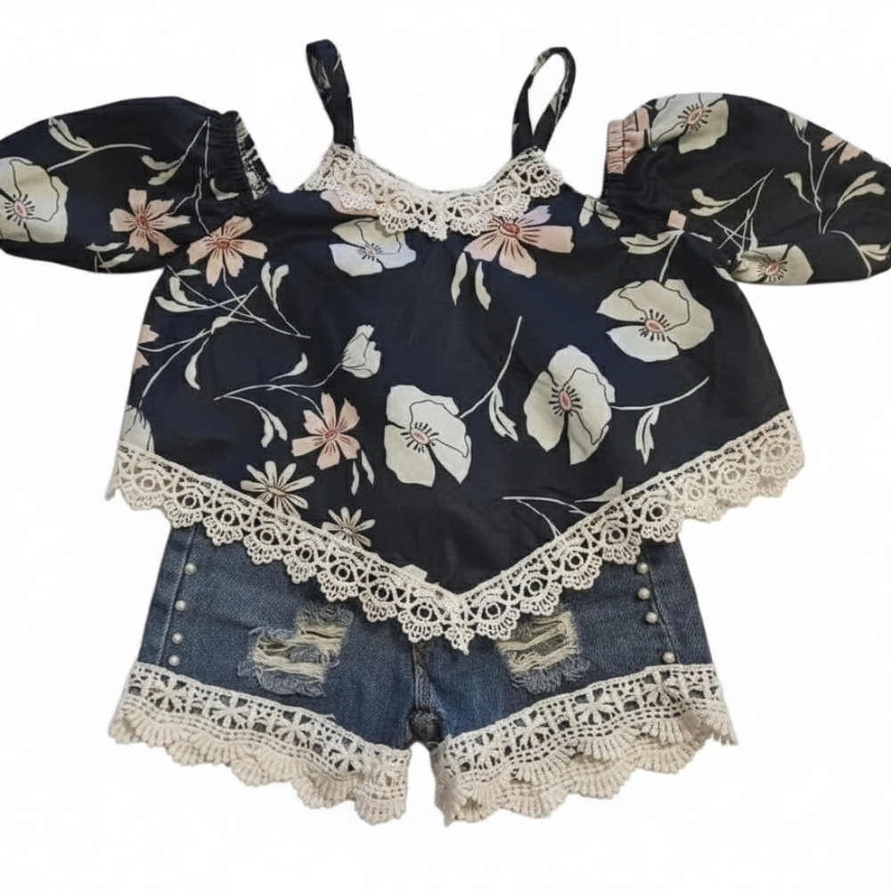 Marie Nicole Pink & Navy Lace Top with Denim Shorts (12/18 mos)